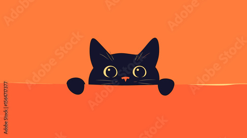 Cute Black Cat Peeking Over Orange Background with Curious Eyes in Minimalist Illustration Style