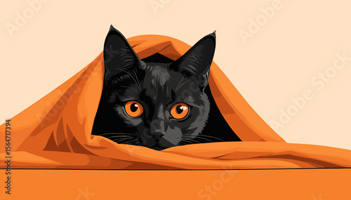 Black Cat with Bright Orange Eyes Peeking from Underneath a Cozy Orange Blanket on a Soft Beige Background