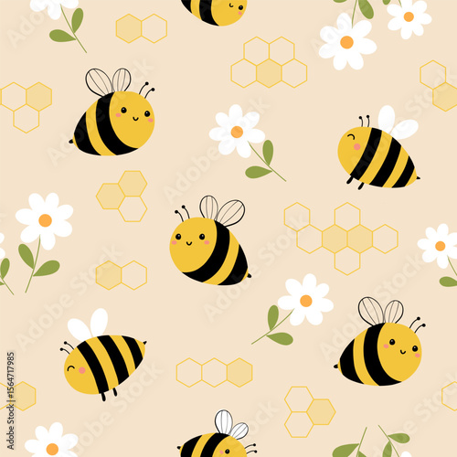 Seamless pattern with cute bee and flower on light orange background for your fabric, children textile, apparel, nursery decoration, gift wrap paper, kids bedding. Vector illustration