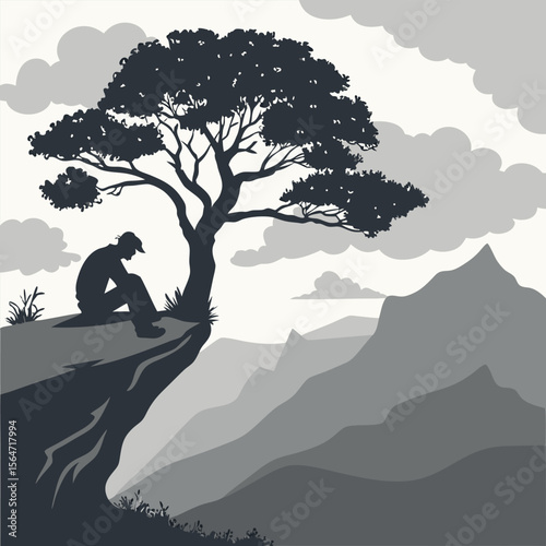 silhouette of a lone tree on a cliff edge 