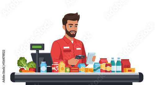 Friendly cashier scans groceries at checkout line for efficient payment
