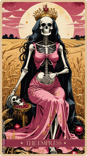 A watercolor skeleton Tarot card 'The Empress'. Major arcana set part . Vector hand drawn engraved style. Occult and alchemy symbolism.