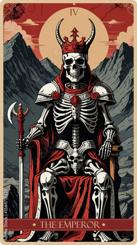A watercolor skeleton Tarot card 'The Emperor'. Major arcana set part . Vector hand drawn engraved style. Occult and alchemy symbolism.