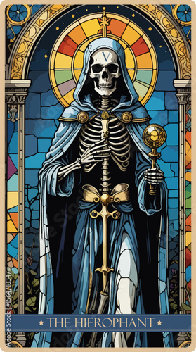 A watercolor skeleton Tarot card 'The Hierophant'.Major arcana set part . Vector hand drawn engraved style. Occult and alchemy symbolism.