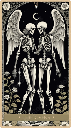 A watercolor skeleton Tarot card 'The Lovers'.Major arcana set part . Vector hand drawn engraved style. Occult and alchemy symbolism.