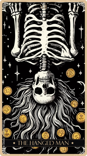 A watercolor skeleton Tarot card 'The Hanged Man'.Major arcana set part . Vector hand drawn engraved style. Occult and alchemy symbolism.