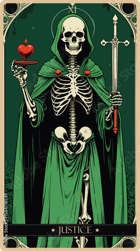 A watercolor skeleton Tarot card 'Justice'.Major arcana set part . Vector hand drawn engraved style. Occult and alchemy symbolism.