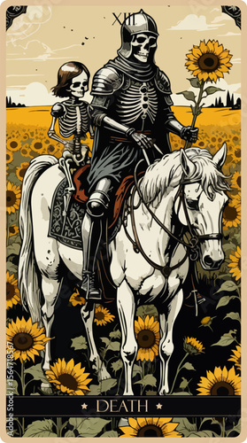 A watercolor skeleton Tarot card 'Death'. Major arcana set part . Vector hand drawn engraved style. Occult and alchemy symbolism.