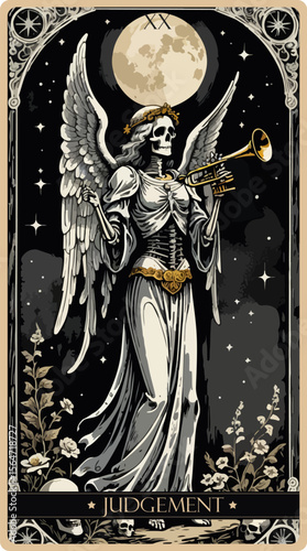 A watercolor skeleton Tarot card 'Judgment'. Major arcana set part . Vector hand drawn engraved style. Occult and alchemy symbolism.