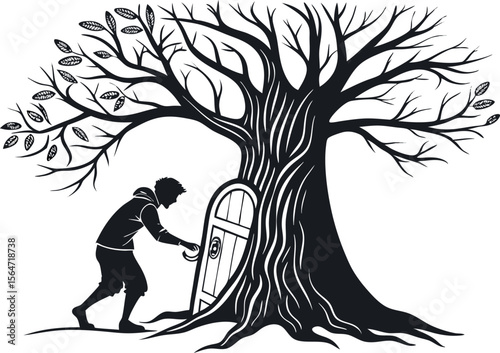 silhouette of a person opening a door in a tree
