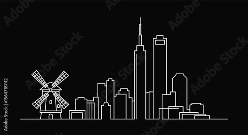 Modern cityscape silhouette Windmill and tall buildings