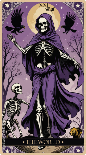 A watercolor skeleton Tarot card 'The World'.Major arcana set part . Vector hand drawn engraved style. Occult and alchemy symbolism.