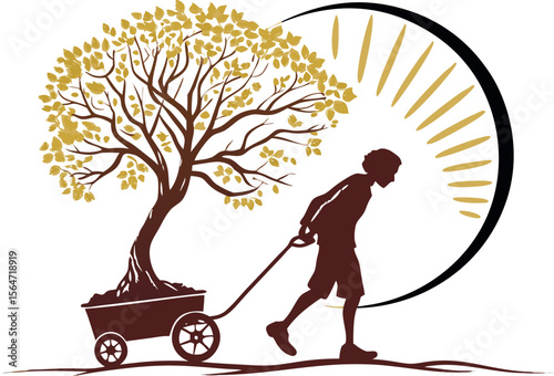 silhouette of a person pulling a wagon 