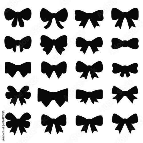Collection of various black bow tie shapes isolated on white background