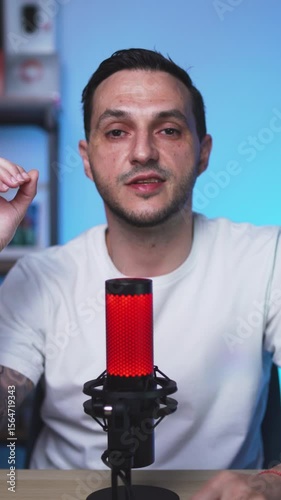Tattooed Podcaster Speaking to Camera in Stylish Studio Setup