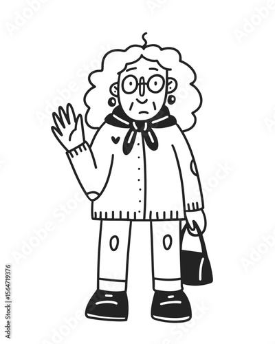 Old lady. Vector line hand-drawn illustration. Cartoon happy grandmother waving hand. Stylish senior woman