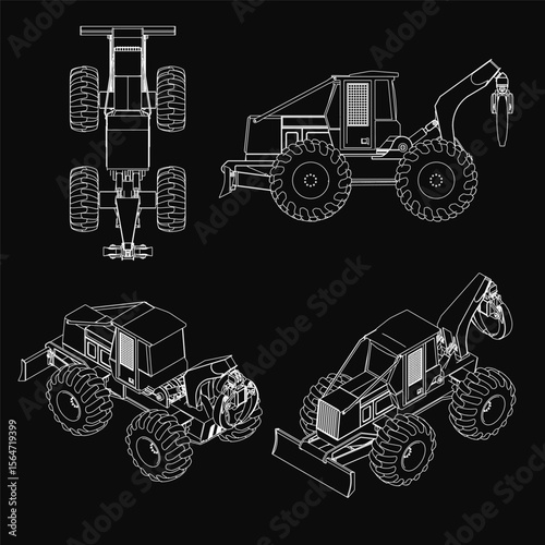 Four detailed construction vehicle sketches on a black background, including a tractor with distinct features. Each machine displays unique design elements and bright colors contrasting sharply.