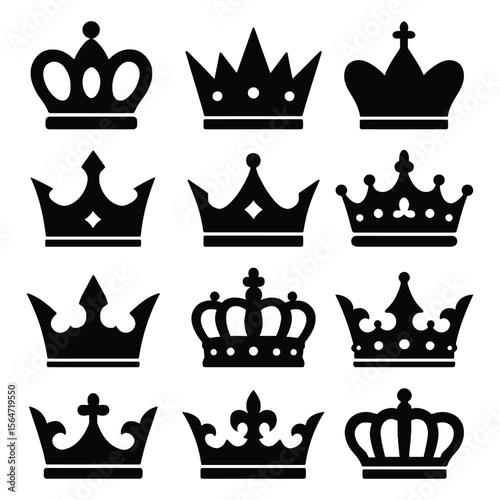 Collection of twelve different black royal crowns isolated on white background