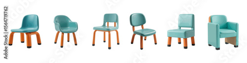 Collection of modern turquoise and orange small chairs with unique designs displayed in a row on