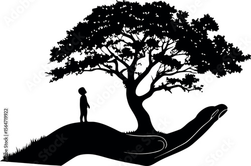  silhouette of a tree growing from an open human hand 
