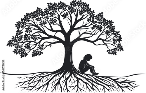 silhouette of a tree with its roots forming a human 