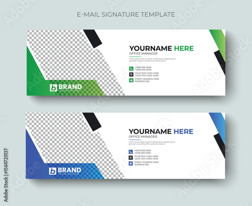 Corporate modern and minimalist email signature or email footer design vector template. Professional business email signature, header, social media cover, banner design with blue and green color.