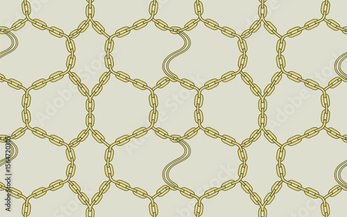 Seamless geometric pattern of interlocking golden chains in a honeycomb formation silhouette