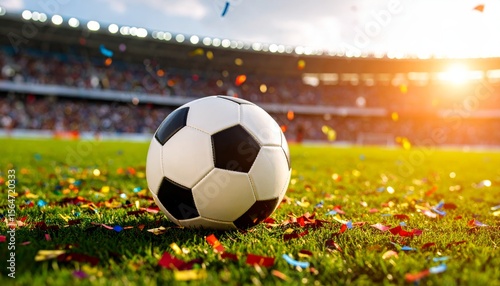 A soccer ball sits on the grass of a stadium field with colorful confetti scattered around, illuminated by the warm sunlight during a lively match.