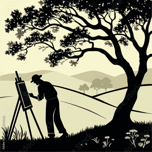 silhouette of an artist painting a tree on a canvas 