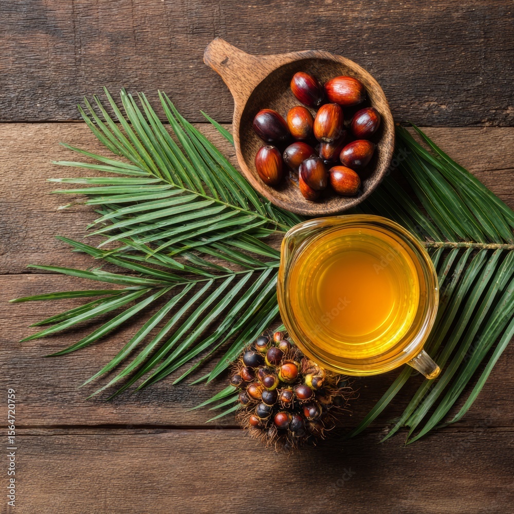 Palm oil, palm fruit, fresh palm leaves and a cup of oil on a wooden surface Palm oil, palm fruit, fresh palm leaves and a cup of oil on a wooden surface
