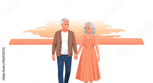 Golden Years A Romantic Stroll at Sunset, Illustrating the Beauty of Enduring Love and Togetherness in Retirement