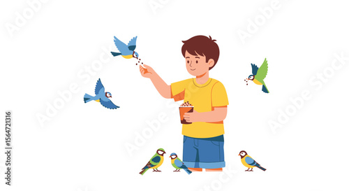 A Boy's Delight Feeding Colorful Birds, a Joyful Scene of Nature and Kindness