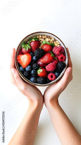 Hands holding a bowl of granola with fresh berries on a white background.