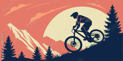 mountain biker riding uphill silhouette vector