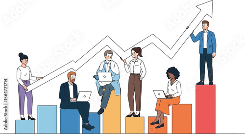 Business growth chart with team members showing company sales and success