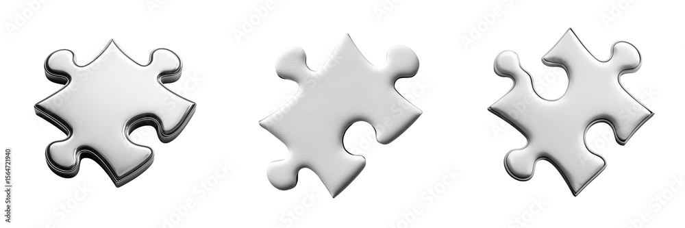 Obraz premium Three white puzzle pieces in various shapes and designs, isolated on transparent background