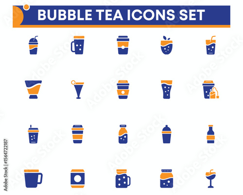 Bubble milk tea solid icon set.  coffee, tea, drinking, glass, soda, cocktail, bottle, wine, beverage trendy dessert colourful vector collection.