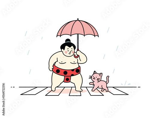 Cute Sumo Wrestler with Cat and Umbrella in the Rain
