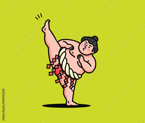 Funny Sumo Wrestler Doing a High Kick - Flexible Martial Arts Cartoon Vector