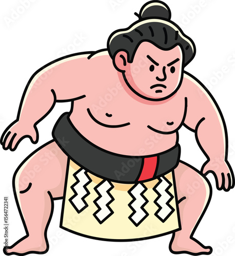 Sumo Wrestler Character Stomping Foot in Powerful Pose - Vector Cartoon Illustration