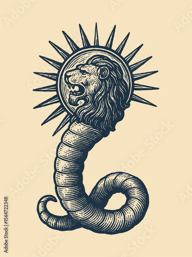 Lion serpent hybrid mythological engraving vector illustration
