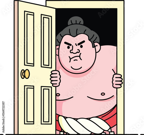 Angry Sumo Wrestler Peeking Through Door - Funny Vector Character Illustration