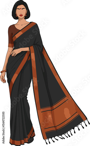Elegant woman showcases a black saree with a contrasting border, blending traditional Indian fashion with a modern artistic style.