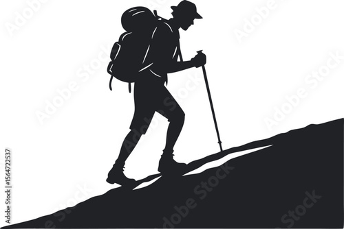  silhouette of a hiker with a backpack looking for mountain