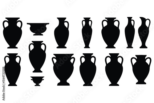 Collection of ancient greek pottery silhouettes isolated on white background