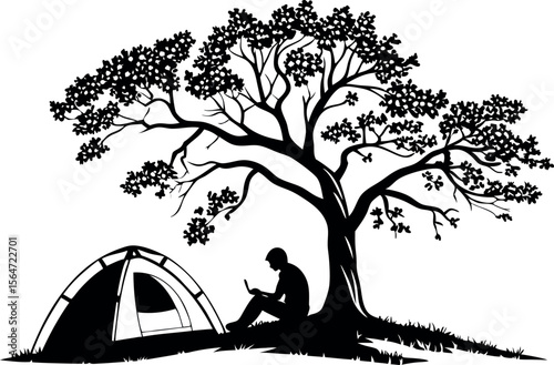 silhouette of a person camping under 
