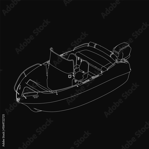 A black and white boat drawing stands out against a dark background with clean white outlines. The minimalist design focuses on the vessel's silhouette without additional details.