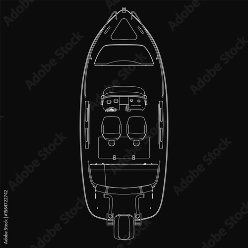 A black and white boat blueprint features detailed hull, cabin, and structural elements on a dark background. The technical drawing highlights precise watercraft design with clean lines and intricate.