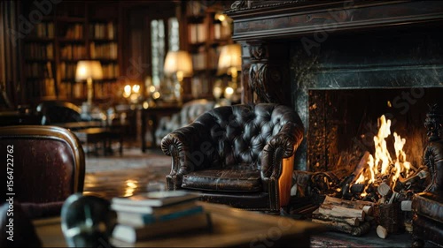 Wallpaper Mural A cozy library with a roaring fireplace and antique leather chairs creates an atmosphere of privacy and warmth. Torontodigital.ca