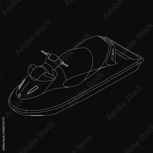 A sleek black and white jet ski drawing stands out on a dark background with crisp white outlines. The water scooter design exudes speed and modernity. The minimalist style highlights dynamic.